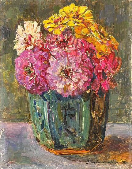 Floris Verster Stillife with zinnias in a ginger pot.